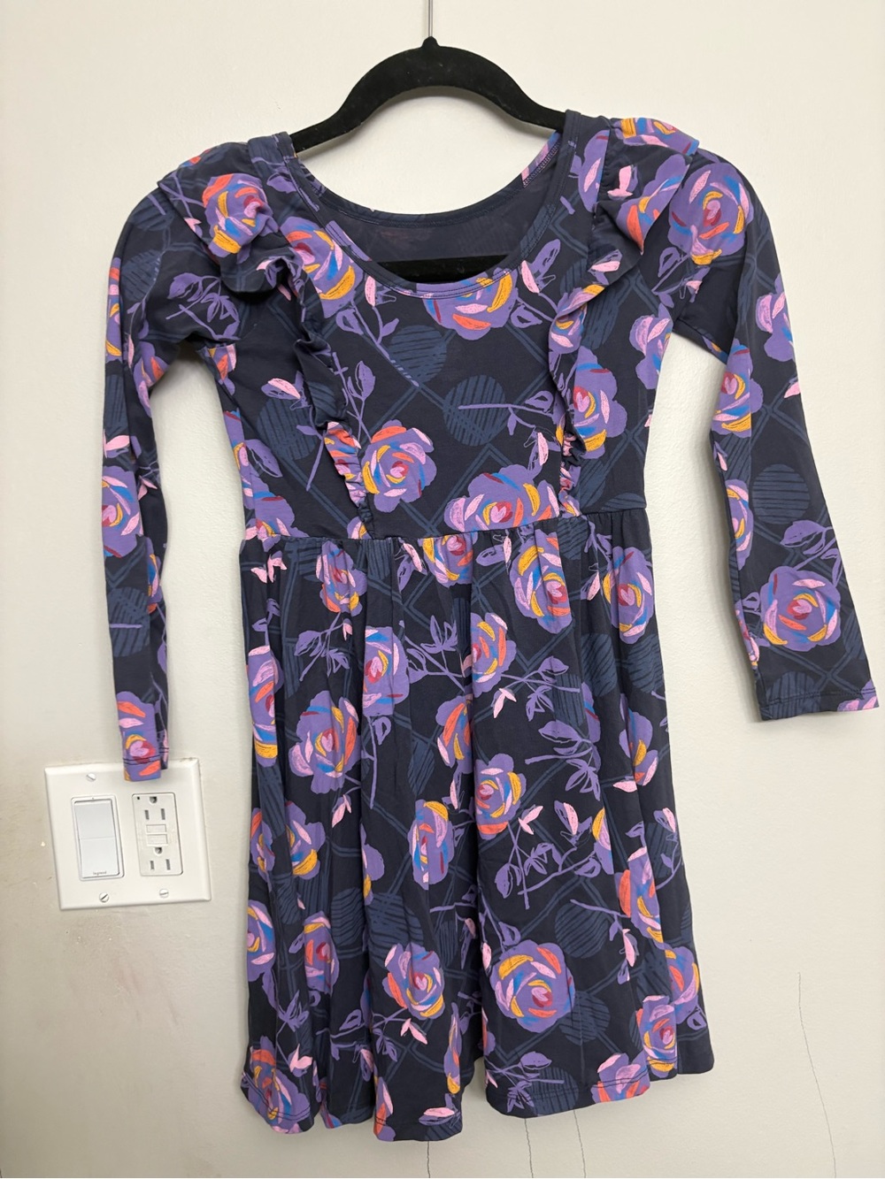 Tea Collection Navy Floral Ruffle-Shoulder Long-Sleeve Dress